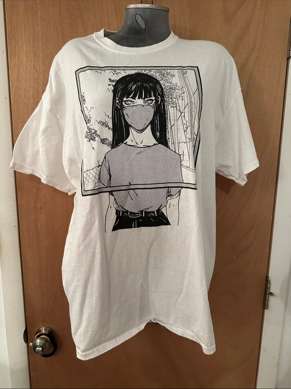 Threadless White Tee with Black Anime Masked Girl Graphic